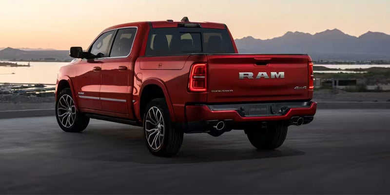 2026 RAM 1500 rear view, highlighting its stylish trims and powerful design options.