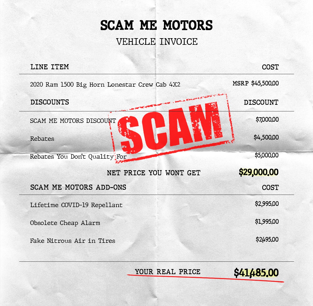 Scam Me Motors Invoice
